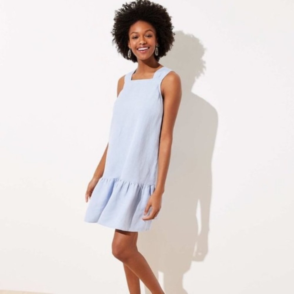 LOFT Linen Blend Chambray Square Neck Flounce Dress NEW!